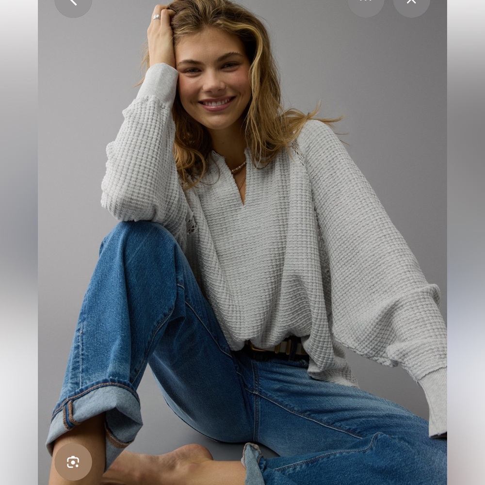 American Eagle AE Big Hug Notch Neck Waffle Sweatshirt in Dark Grey